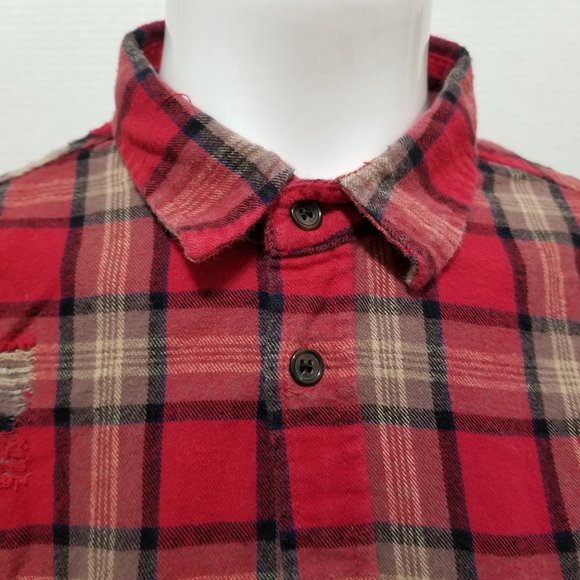 Forever 21 Men shirt Large distressed flannel button up plaid ripped torn grunge - Picture 8 of 15